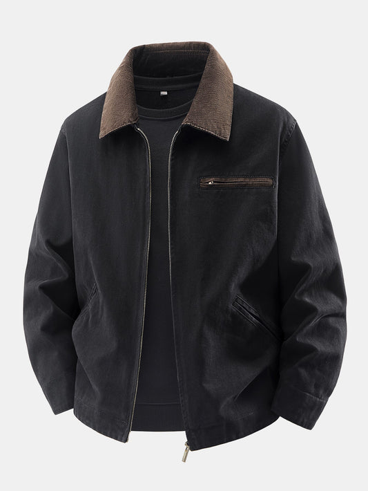 Washed Corduroy Collar Zip Jacket