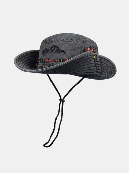 Chapéu boonie para sol e atividades ao ar livre, lavado, com faixa étnica e bordado de montanha