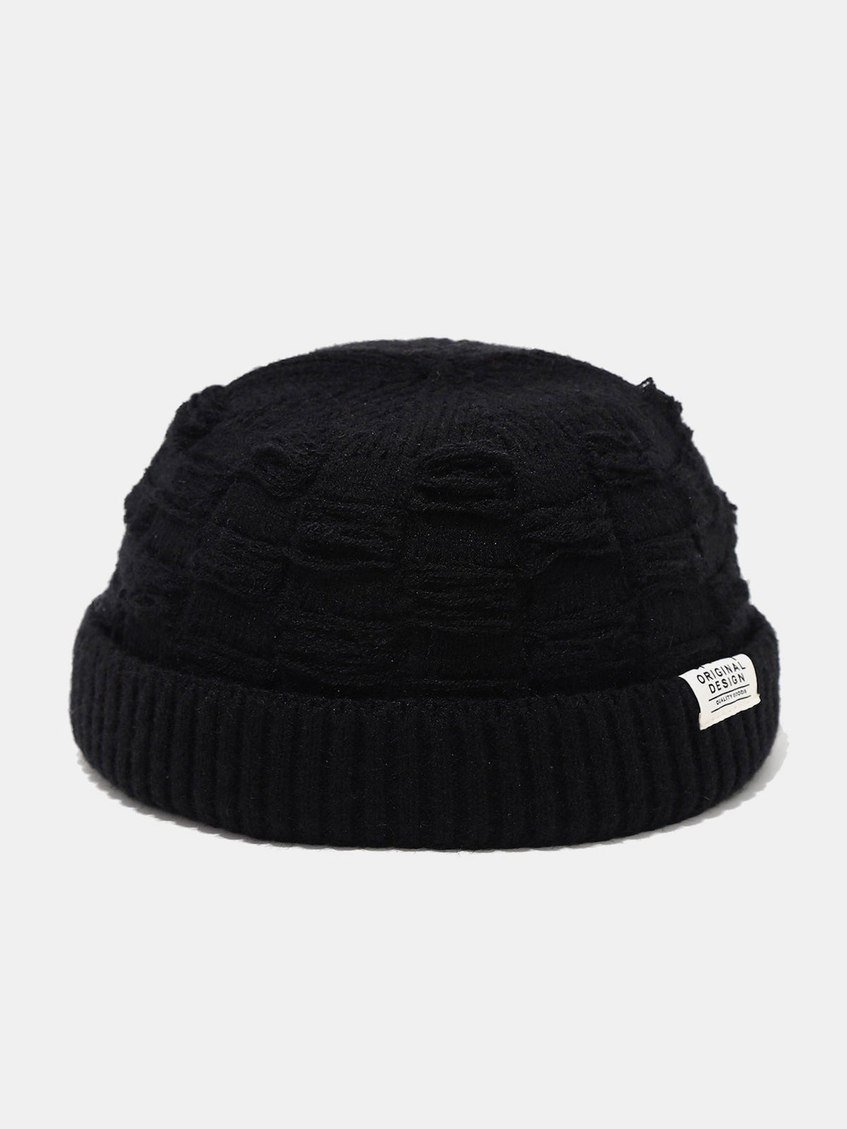 Distressed Check Knit Cuffed Short Beanie