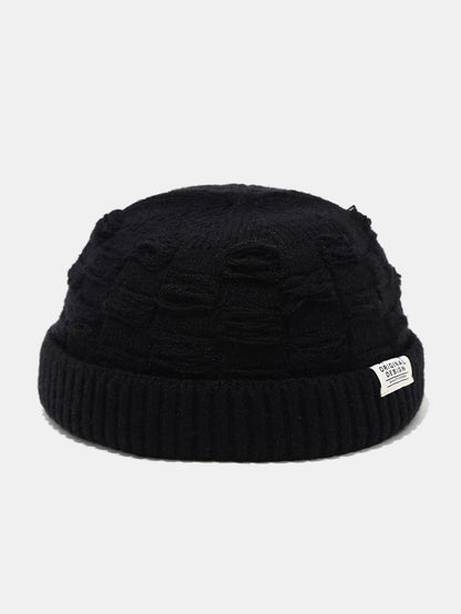 Distressed Check Knit Cuffed Short Beanie