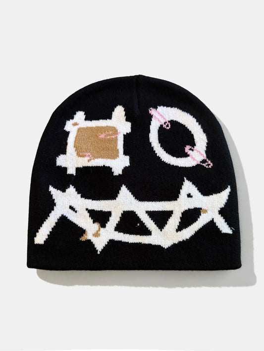 Gorro de malha com padrão de rosto de fantasma de desenho animado em estilo grunge