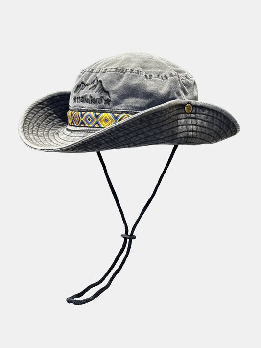 Chapéu Boonie vintage para atividades ao ar livre, com bordado de montanha, faixa étnica e proteção solar para trilhas