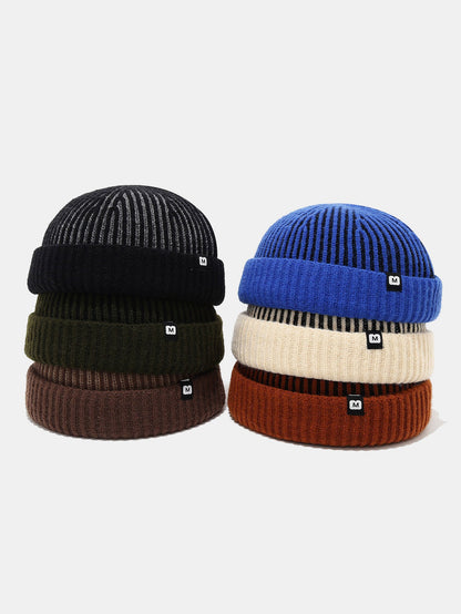 Striped Ribbed Knit Cuffed Short Beanie
