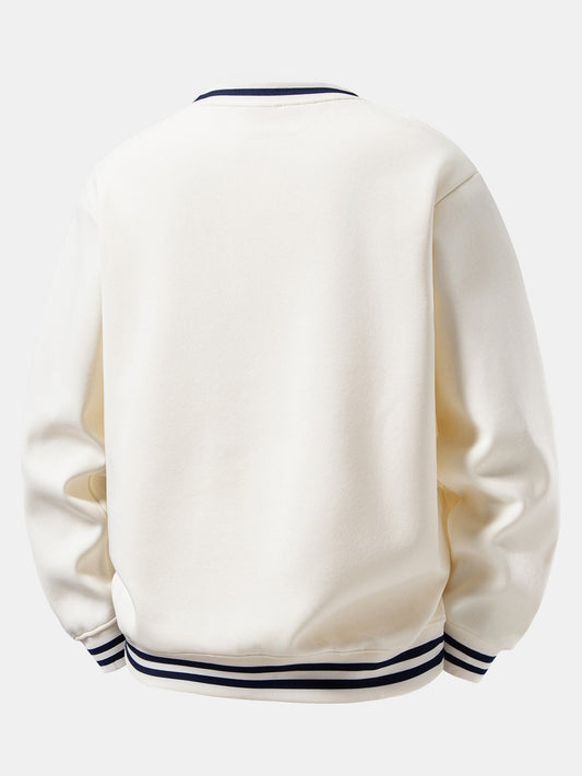 Vintage Print Striped Ribbed Crew Neck Sweatshirt