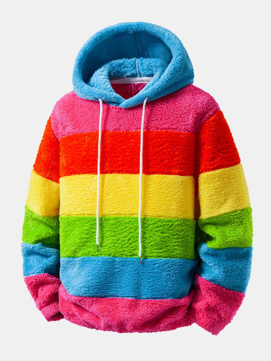 Rainbow Colour Block Teddy Fleece Hoodie
