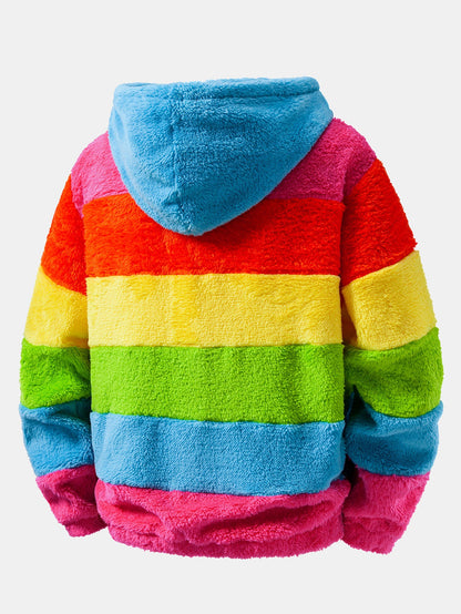 Rainbow Colour Block Teddy Fleece Hoodie