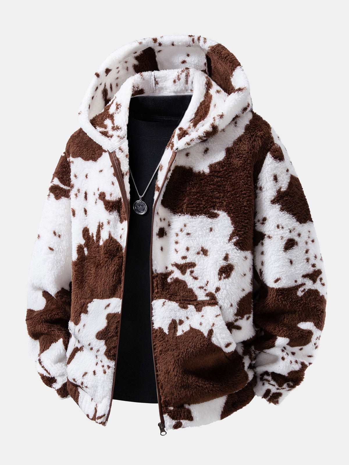 Cow Print Teddy Zip Hooded Jacket