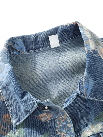 Jaqueta jeans lavada de modelagem ampla com estampa floral