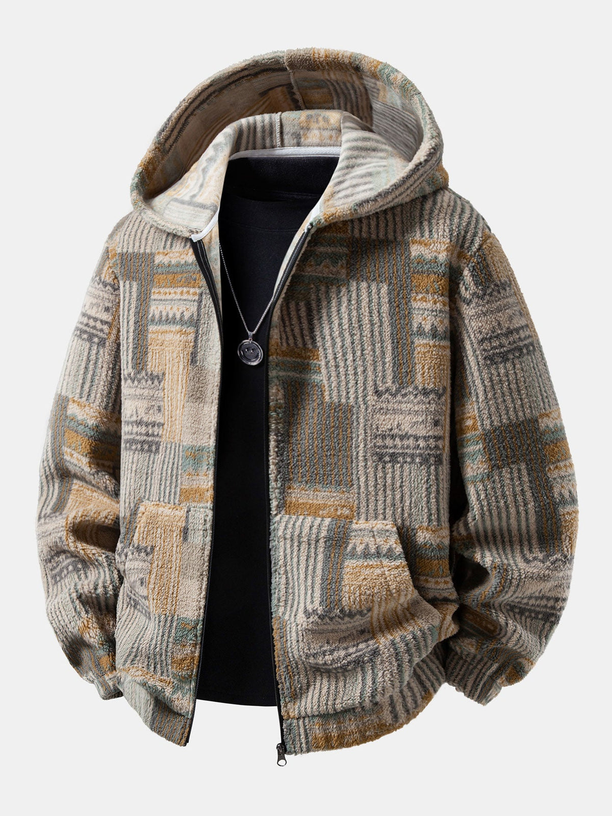Aztec Print Sherpa Zip Hooded Jacket