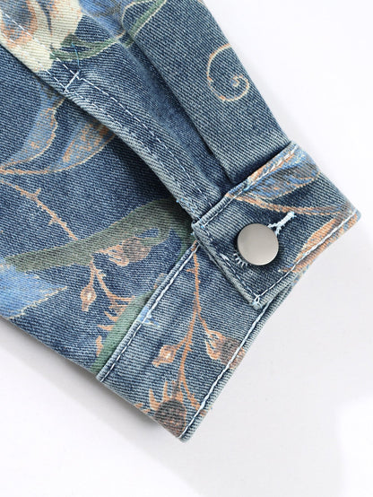 Jaqueta jeans lavada de modelagem ampla com estampa floral