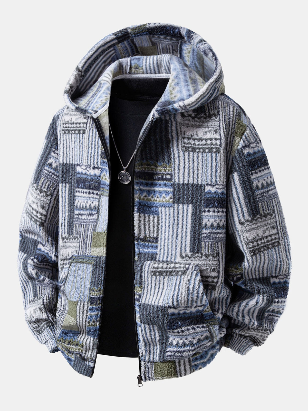 Aztec Print Sherpa Zip Hooded Jacket