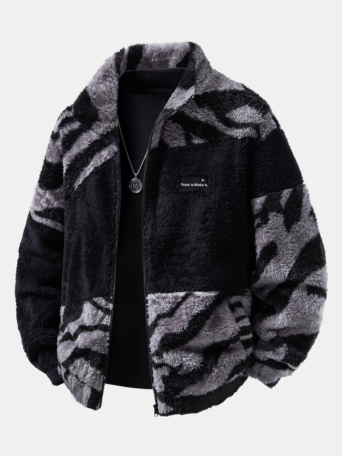 Colour Block Animal Print Teddy Zip Jacket