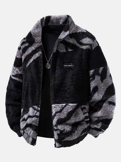 Colour Block Animal Print Teddy Zip Jacket