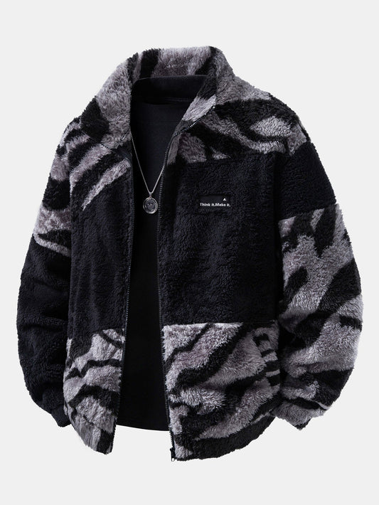 Colour Block Animal Print Teddy Zip Jacket