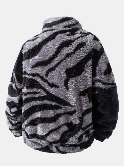 Colour Block Animal Print Teddy Zip Jacket