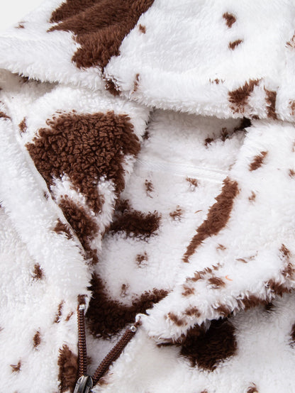 Cow Print Teddy Zip Hooded Jacket