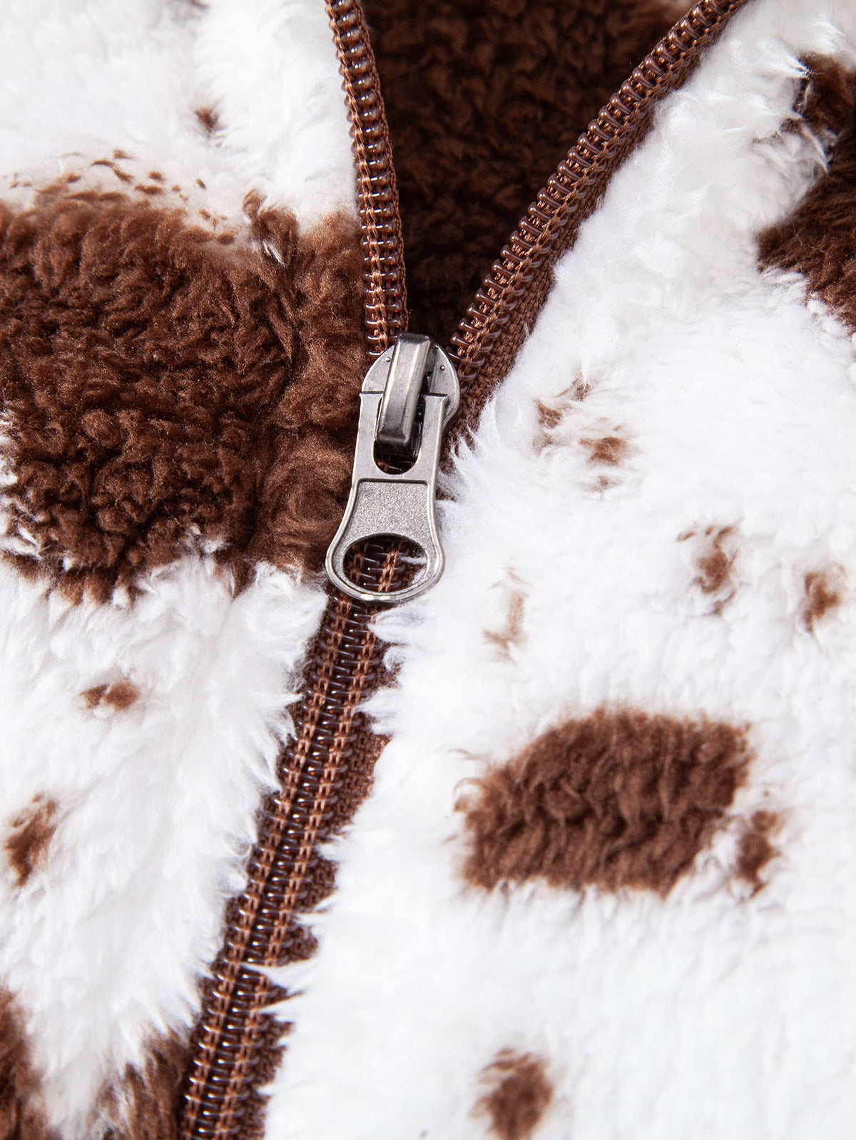 Cow Print Teddy Zip Hooded Jacket