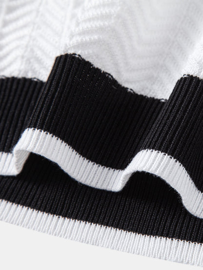 Contrast Jacquard Textured V-Neck Knit Polo