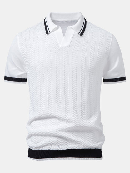 Contrast Jacquard Textured V-Neck Knit Polo
