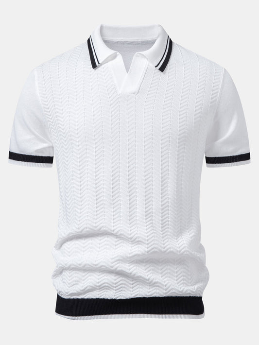 Contrast Jacquard Textured V-Neck Knit Polo