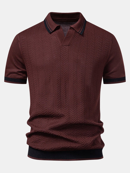 Contrast Jacquard Textured V-Neck Knit Polo