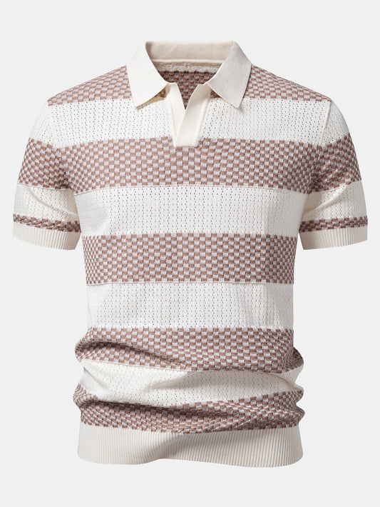 Polo de tricô texturizado listrado com decote em V