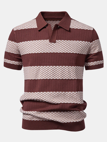 Polo de tricô texturizado listrado com decote em V