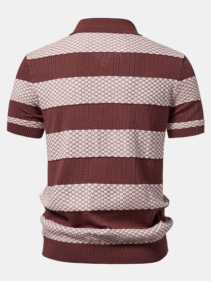 Polo de tricô texturizado listrado com decote em V