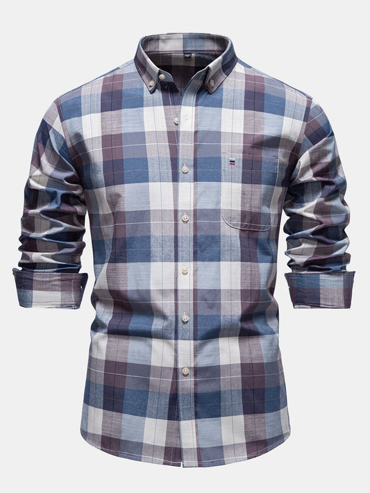 Camisa xadrez de botões com aparência de linho