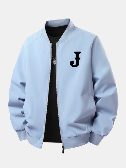 Letter J Print Relaxed Zip Bomber Jacket