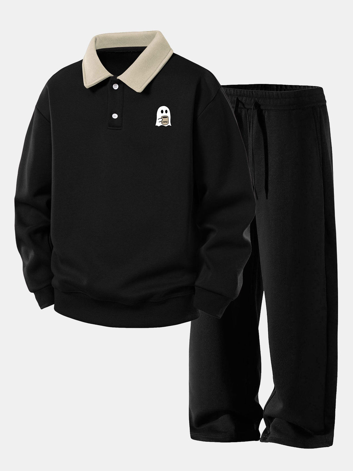 Coffee Ghost Print Polo Sweatshirt & Straight Sweatpants Set