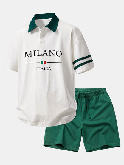 Camisa Polo com Gola Contrastante e Estampa Milano & Shorts de Algodão com Cordão de 7"