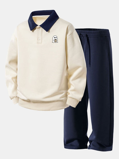 Coffee Ghost Print Polo Sweatshirt & Straight Sweatpants Set