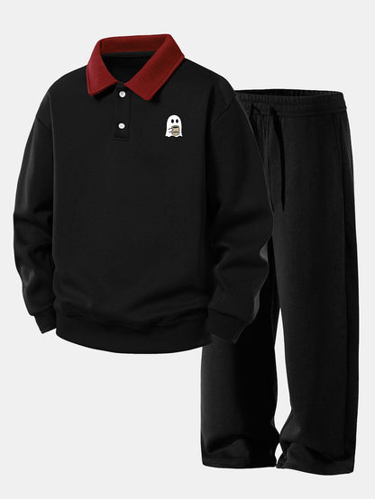 Coffee Ghost Print Polo Sweatshirt & Straight Sweatpants Set