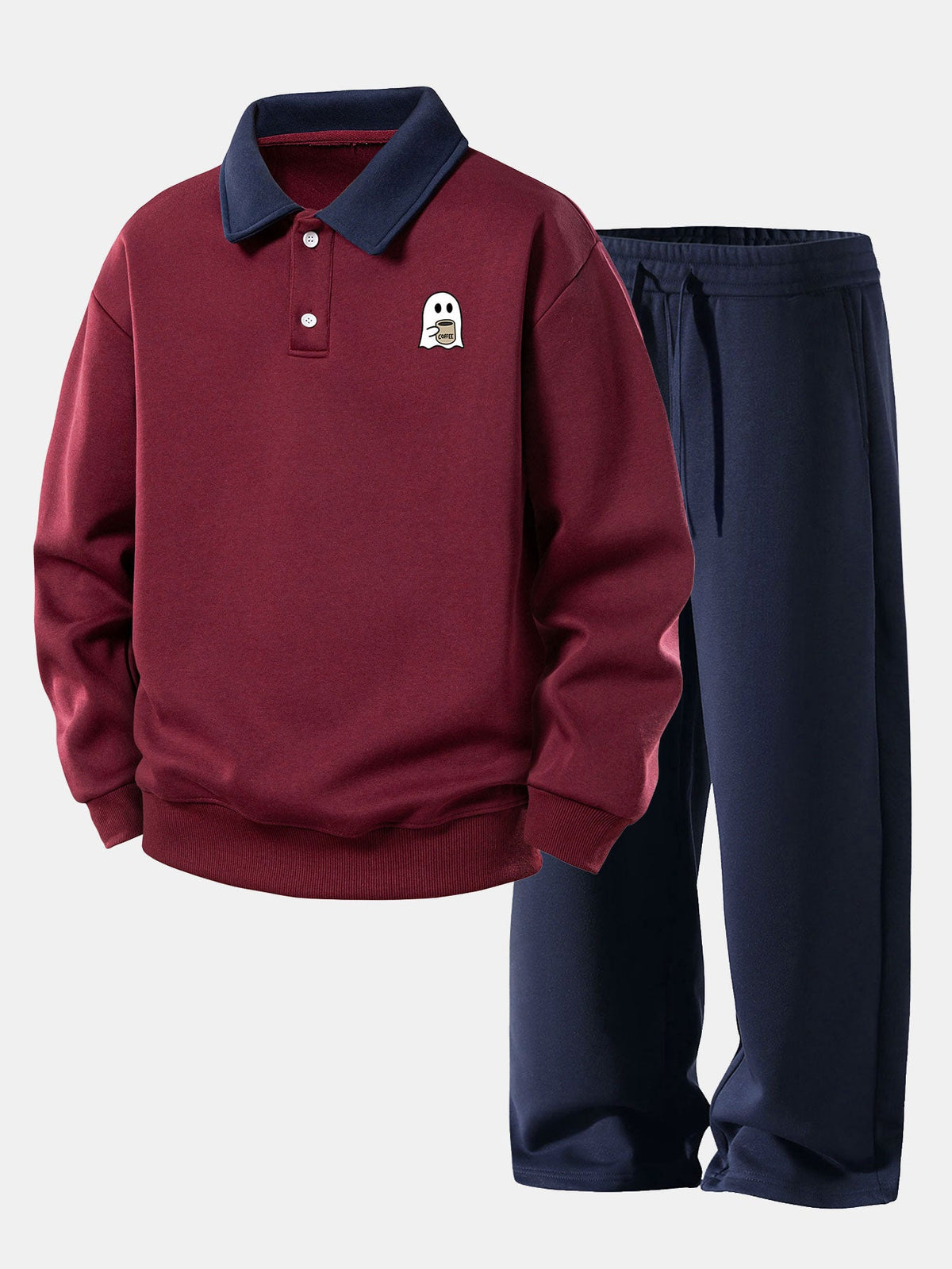 Coffee Ghost Print Polo Sweatshirt & Straight Sweatpants Set
