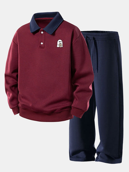 Coffee Ghost Print Polo Sweatshirt & Straight Sweatpants Set