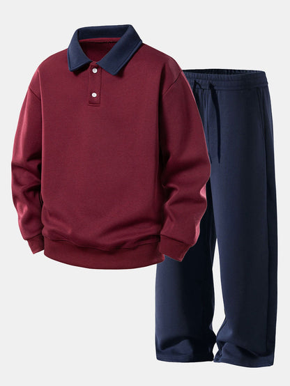 Moletom Polo com Contraste e Calça de Moletom de Perna Reta, Modelagem Relaxada