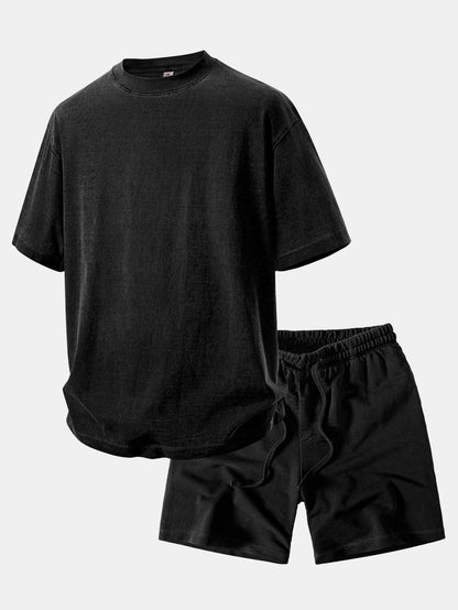 Camiseta Pesada com Ombro Caído e Efeito Lavado & Shorts com Cordão e Efeito Desgastado Lavado