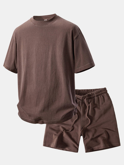 Camiseta Pesada com Ombro Caído e Efeito Lavado & Shorts com Cordão e Efeito Desgastado Lavado