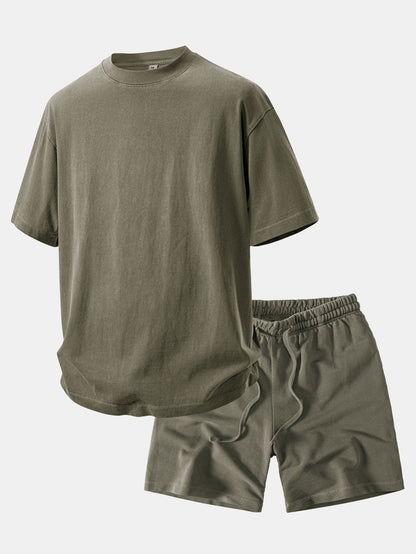 Camiseta Pesada com Ombro Caído e Efeito Lavado & Shorts com Cordão e Efeito Desgastado Lavado
