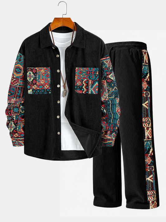 Geometric Jacquard Corduroy Patchwork Shirt & Trousers Set