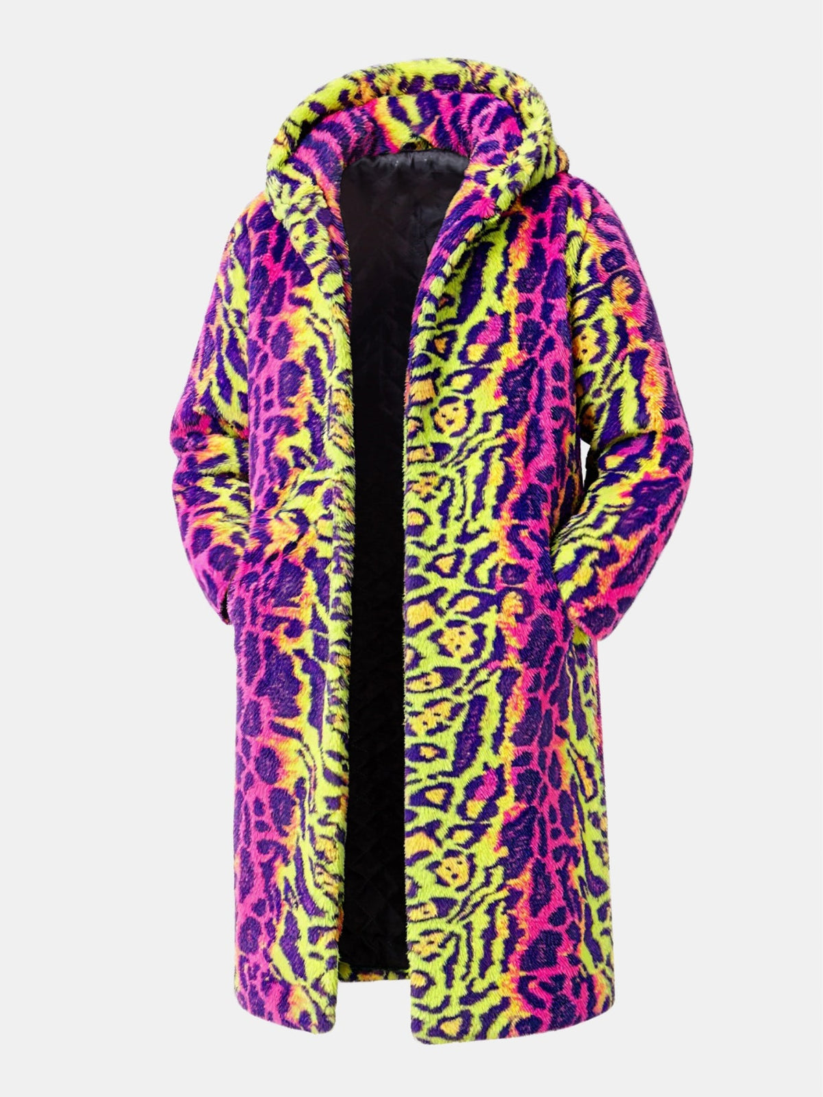 Colourful Leopard Faux Fur Longline Hooded Coat