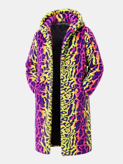 Colourful Leopard Faux Fur Longline Hooded Coat