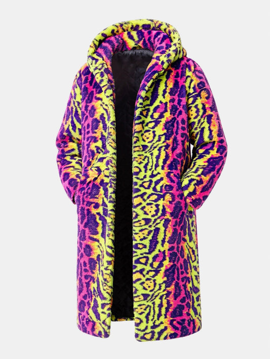 Colourful Leopard Faux Fur Longline Hooded Coat