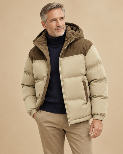Harlow puffer jacket khaki worn by model
