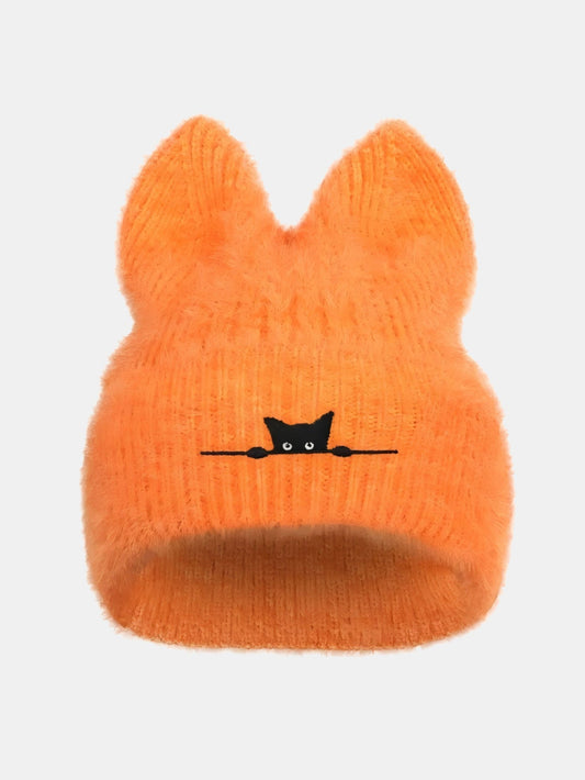 Gorro de pelúcia espessa com orelhas de gato e gato preto bordado