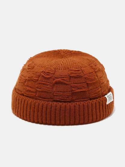 Distressed Check Knit Cuffed Short Beanie